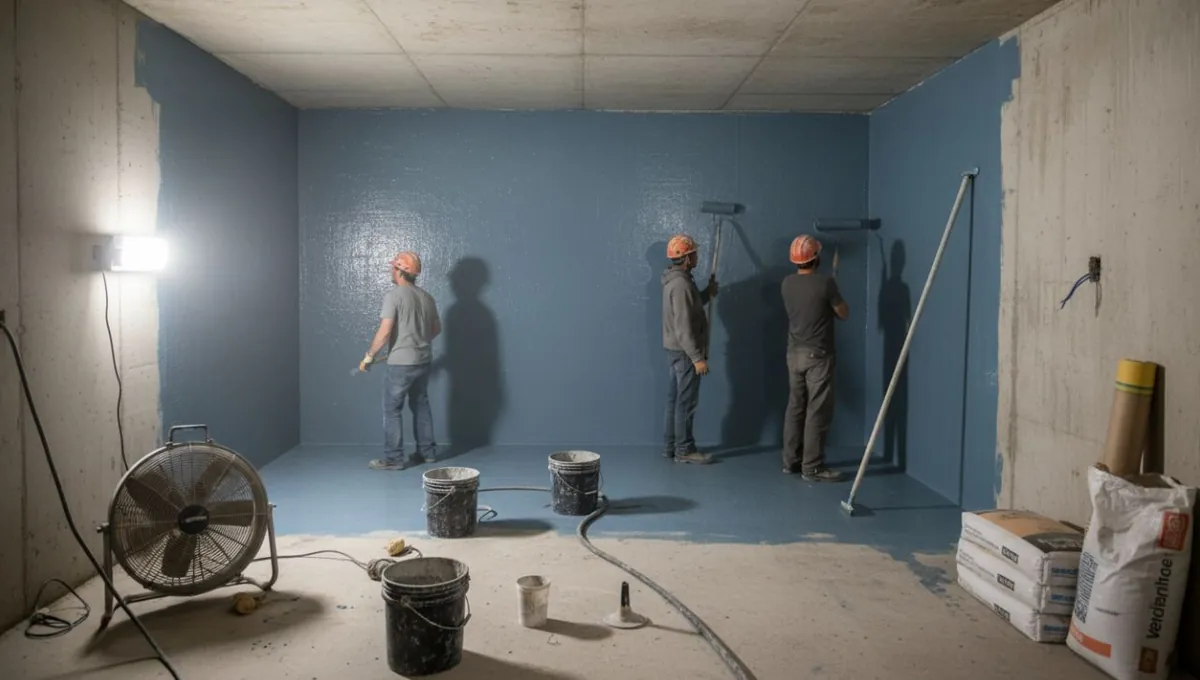 Vakmannen brengen een blauwe waterdichte coating aan op de muren en de vloer van een kelder