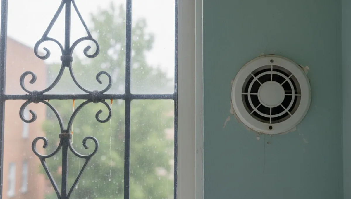 Rond afzuigventiel van een ventilatiesysteem in een muur naast een raam